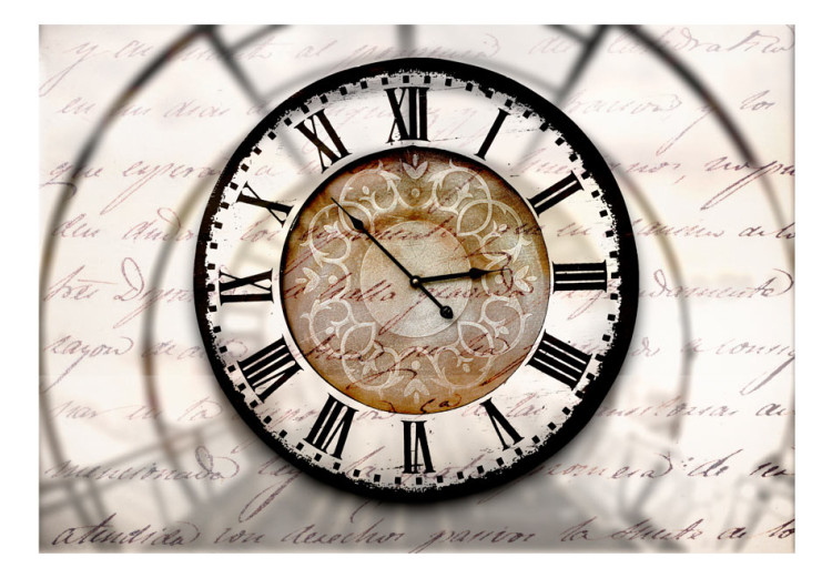Fototapet Förfluten tid - stor klocka med skugga på en beige bakgrund med texter 60901 additionalImage 1