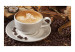 Fototapet Kanske kaffe? - klassisk vit kaffekopp med en bok på en brun bakgrund 60221 additionalThumb 1