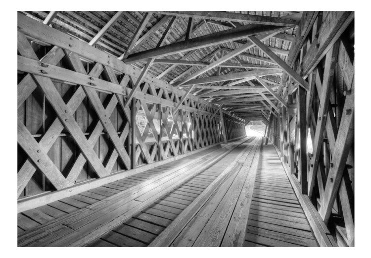 Fototapet Bro av gamla minnen - svartvit träarkitektur av en stor brotunnel över floden 64521 additionalImage 1