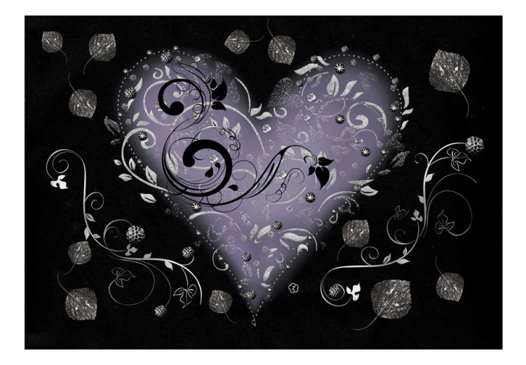 Fototapet Abstraktion - grått hjärta på svart bakgrund med växtmönster 61351 additionalImage 1