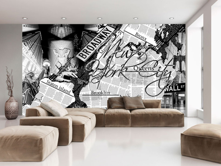 Fototapet Street art - svartvit mural med texter och New Yorks arkitektur 60691