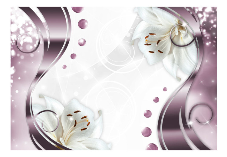 Fototapet Vita blommor - vita liljor med lila ornament på bakgrund med glans 60112 additionalImage 1