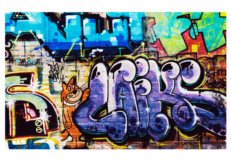 Fototapet Graffiti-vägg - street art-mural med en röd katt och färgstarka texter 60612 additionalImage 1