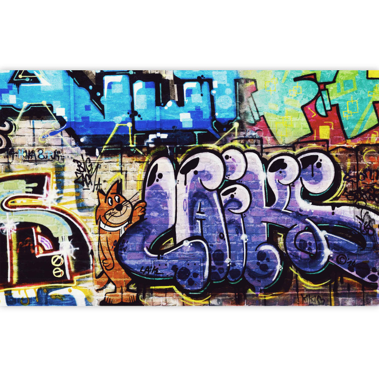 Fototapet Graffiti-vägg - street art-mural med en röd katt och färgstarka texter 60612 additionalImage 3