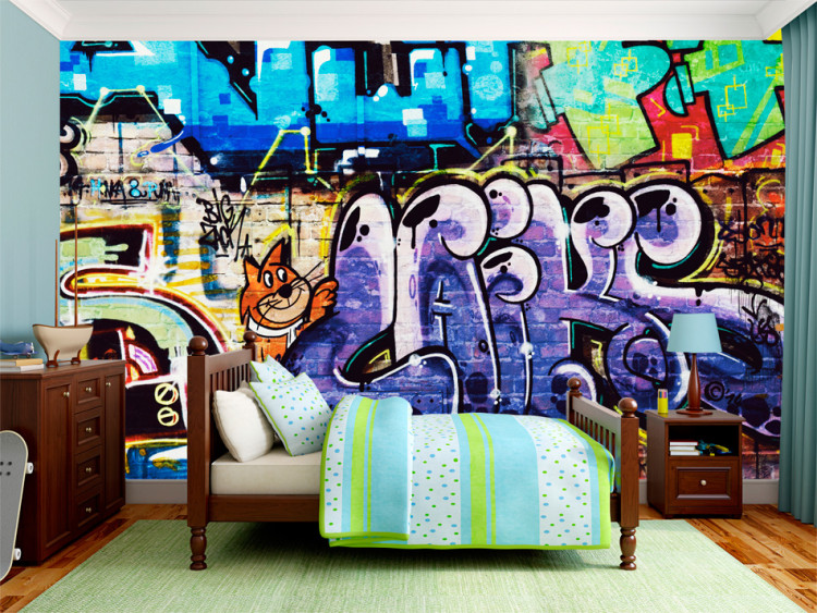 Fototapet Graffiti-vägg - street art-mural med en röd katt och färgstarka texter 60612