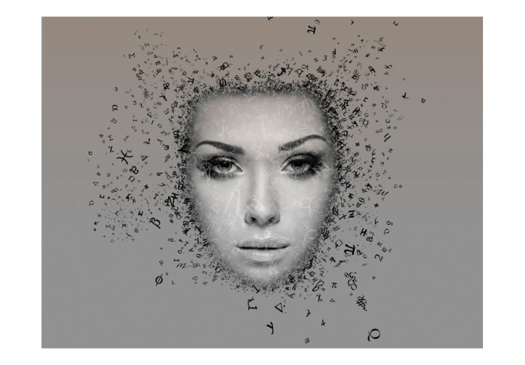 Fototapet Tankeförföljelse - grå abstraktion av kvinnligt ansikte med bokstäver och tecken 61222 additionalImage 1