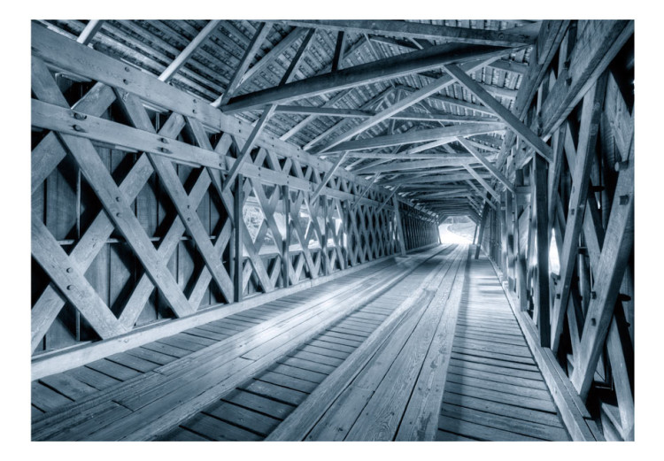 Fototapet Svartvit arkitektur - stor grå träbro i tunnel över floden 64522 additionalImage 1