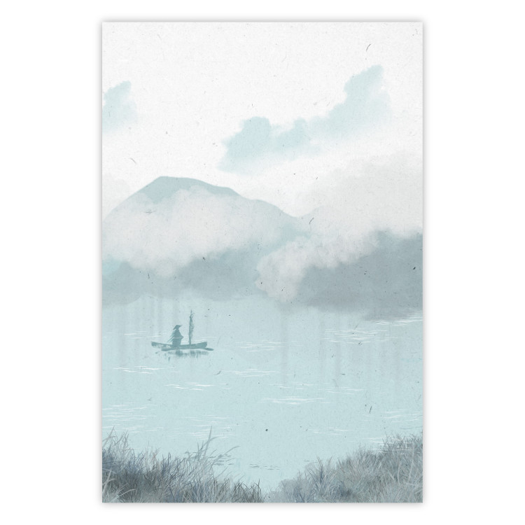 Poster Fishing in the Morning - Small Boat Against the Background of Misty Mountains 146132