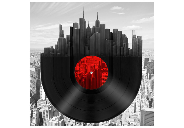 Fototapet New Yorks musik - vinylskiva mot bakgrund av arkitektur i gråtoner 61632 additionalImage 1
