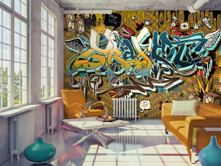 Fototapet Cool! - mural med färgglada texter och teckningar i street art-stil 60752