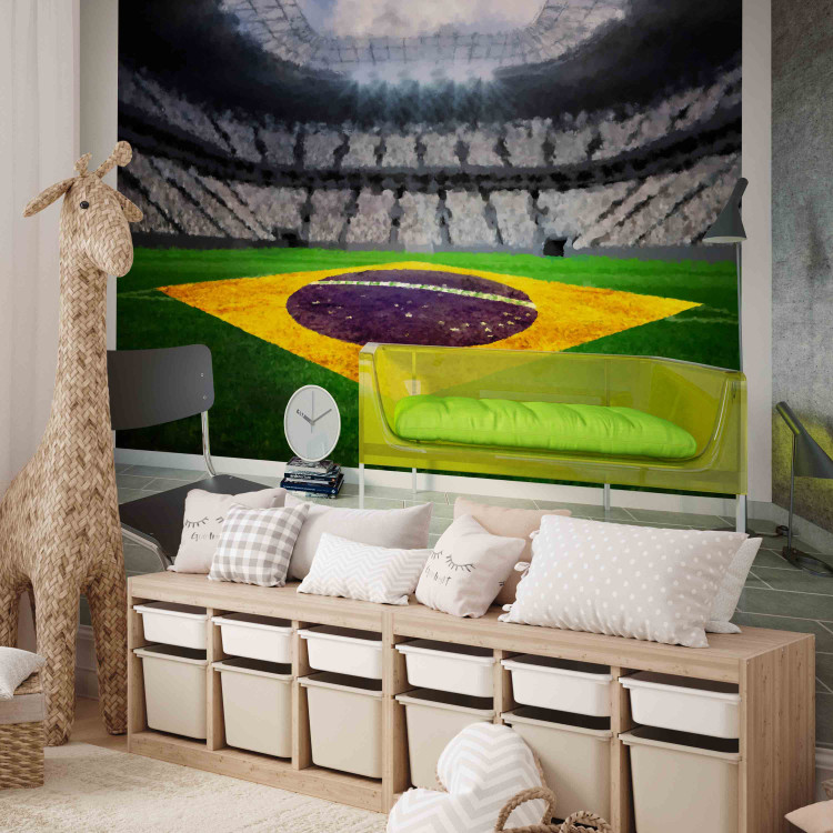 Fototapet Brasiliansk fotboll - fotbollsarena med Brasiliens flagga på gräset 61152 additionalImage 5