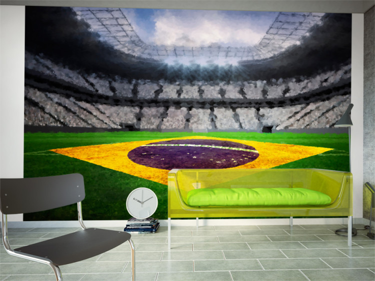 Fototapet Brasiliansk fotboll - fotbollsarena med Brasiliens flagga på gräset 61152