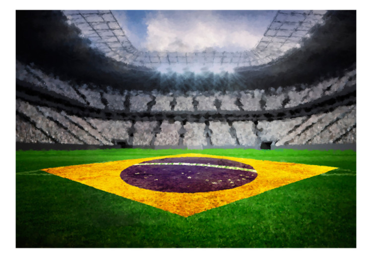 Fototapet Brasiliansk fotboll - fotbollsarena med Brasiliens flagga på gräset 61152 additionalImage 1