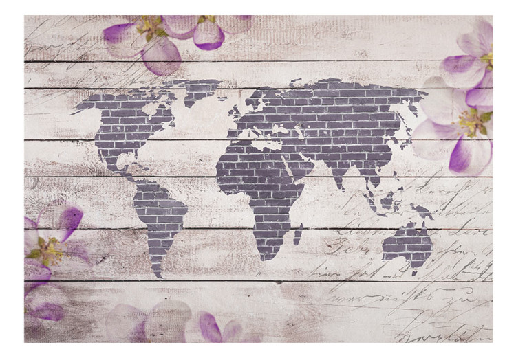 Fototapet Världen av blommor - tegelvärldskarta på vit träbakgrund med text 63952 additionalImage 1
