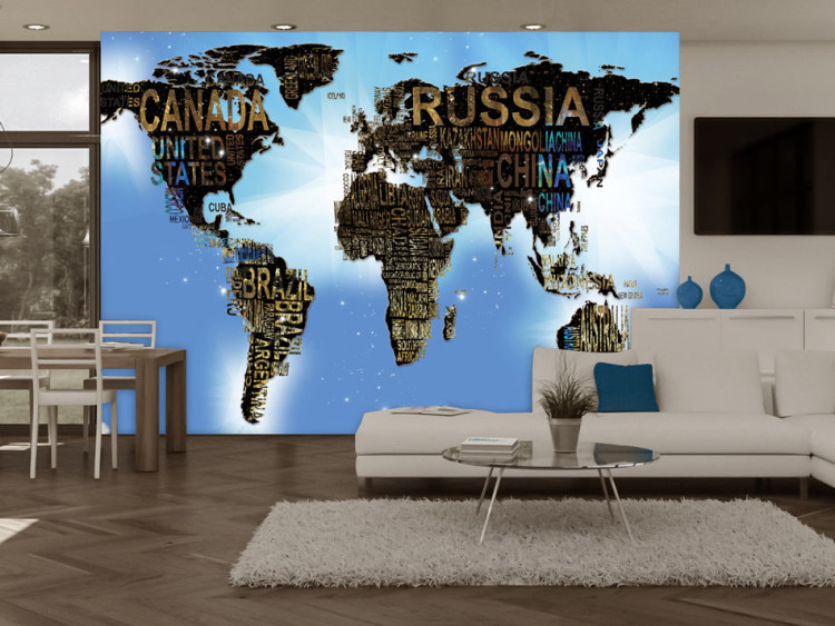 Fototapet Världen på blå bakgrund - världskarta med länderna namngivna på engelska 65572