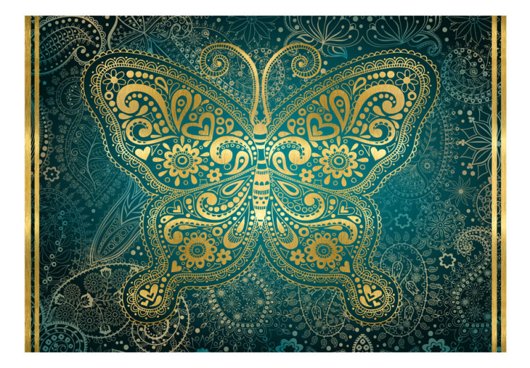 Fototapet Orientalisk design - fjärilsornament i guldmönster på turkos bakgrund 60103 additionalImage 1
