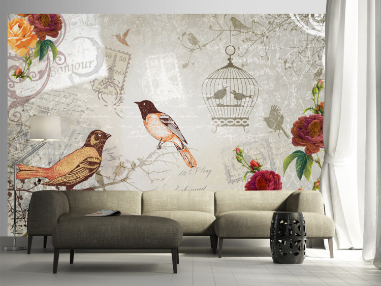Fototapet Fågelsång - komposition i retrostil med fåglar, blommor och texter 61103