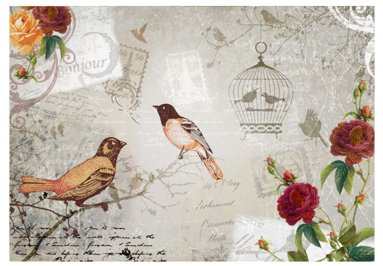 Fototapet Fågelsång - komposition i retrostil med fåglar, blommor och texter 61103 additionalImage 1