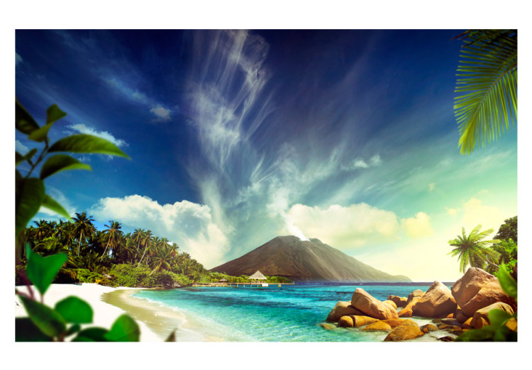 Fototapet Tropiskt tema - landskap med stranden mot turkos vatten med vulkan i bakgrunden 61603 additionalImage 1