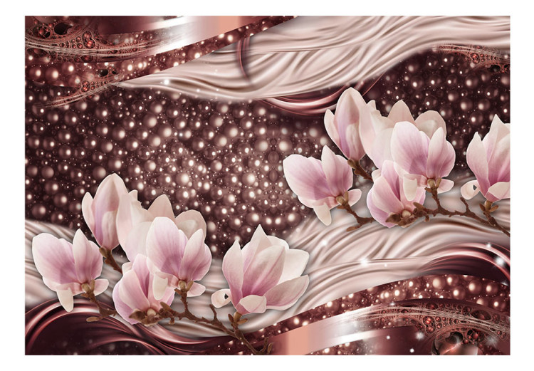Fototapet Glittrande pärlor - rosa magnoliablommor på subtilt mönstrad bakgrund 64023 additionalImage 1