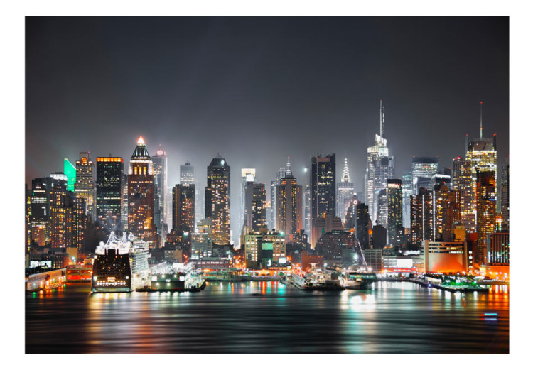 Fototapet Panorama över New York - stadens arkitektur på natten med skyskrapor och vik 64433 additionalImage 1
