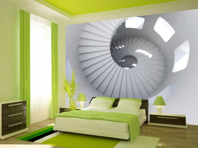 Fototapet Inredningsarkitektur - spiraltrappor i vitt ljus med fönster 59804