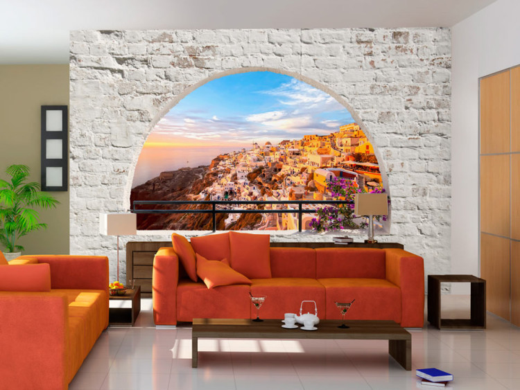 Fototapet Santorini och Grekland - medelhavslandskap som vy från fönster 61614