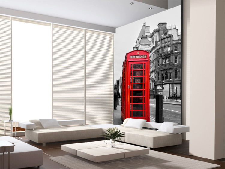 Fototapet Telefon - svartvit stadarkitektur i London med röd telefonkiosk 59934