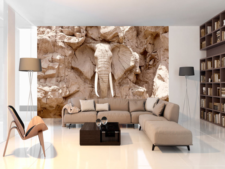 Fototapet Skulptur av afrikansk elefant - djurmotiv i ljus sten 64844
