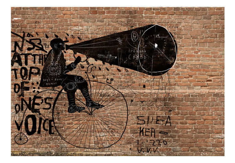 Fototapet Nyhet - grafisk karaktär av en man på en gammal cykel på en mur 65544 additionalImage 1