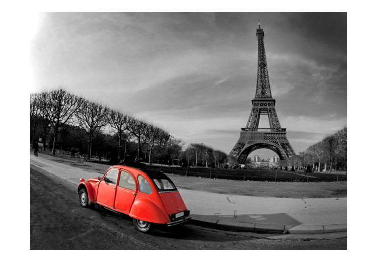 Fototapet Stadsarkitektur - svartvit Eiffeltornet och röd bil 59864 additionalImage 1