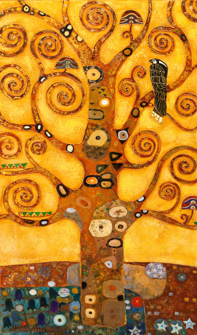 Fototapet Livets träd (Gustav Klimt) - fantasifullt träd med löv på gul bakgrund 60474