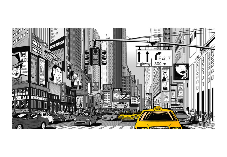 Fototapet Street art - svartvitt motiv med arkitektur, taxi och figur 61474 additionalImage 1