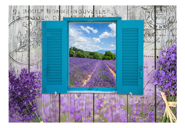 Fototapet Vykort från Provence - Provencala motiv i retrostil, ett fönster med utsikt över ett lavendelfält 64174 additionalImage 1
