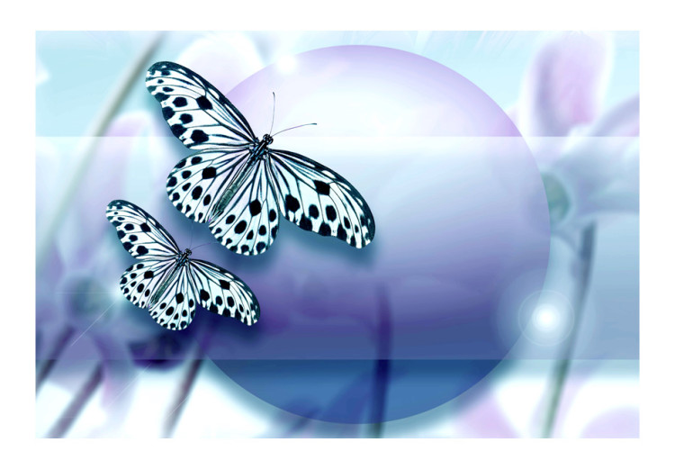 Fototapet Fjärilsplaneten - vita fjärilar i prickar på en lila glob och blommor 61294 additionalImage 1
