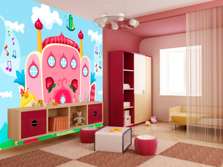 Fototapet Fantasi - rosa slott med prinsessa, noter och fjärilar för barn 61215