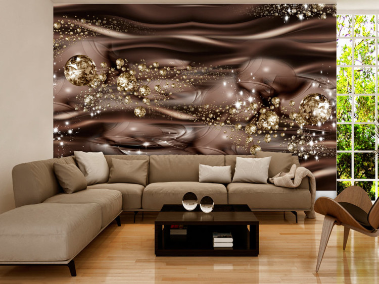 Fototapet Chokladfloden - brun abstraktion med vågor, diamanter och glans 63915