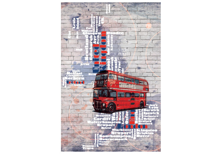 Fototapet Storbritannien - London - stadsmural med buss och namn på städer 60755 additionalImage 1