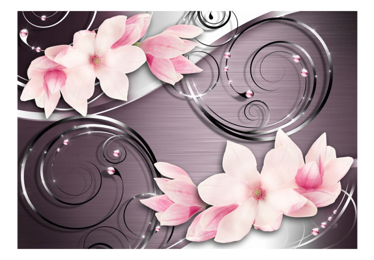 Fototapet Abstraktion med blommor - rosa magnolior på silverbakgrund med mönster 61365 additionalImage 1