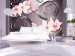 Fototapet Abstraktion med blommor - rosa magnolior på silverbakgrund med mönster 61365