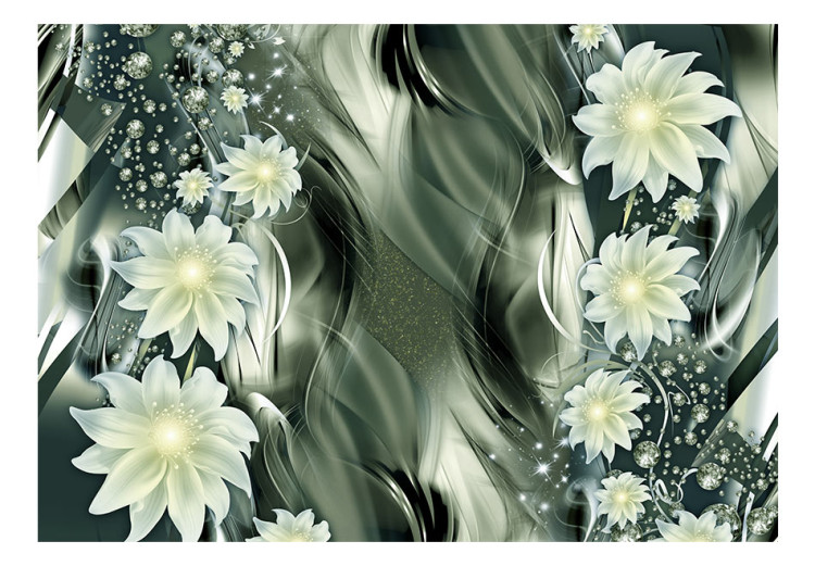 Fototapet Vita blommor på abstrakt bakgrund - mönster med grå och silverfärgade vågor 64306 additionalImage 1