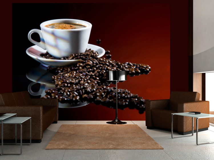 Fototapet Kaffe - dämpat motiv av svart kaffe i en vit kopp på en mörk bakgrund 60216