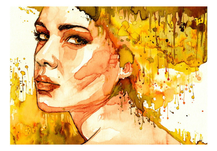 Fototapet Bärnstensporträtt av en kvinna - kvinnosiluett och ansikte i gul akvarell 64526 additionalImage 1