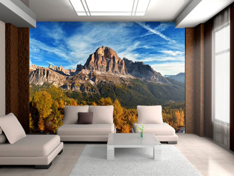 Fototapet Naturvy över Dolomiterna - bergslandskap med skog och himmel 59936
