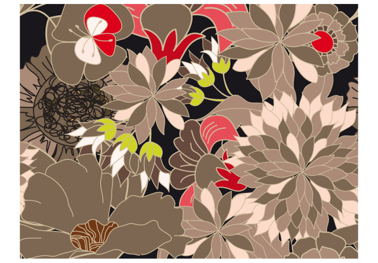 Fototapet Abstraktion - fantasifulla blommor med färgglada accenter på svart bakgrund 60736 additionalImage 1