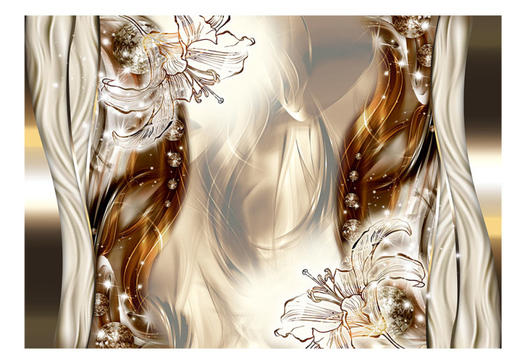 Fototapet Glänsande abstraktion - grafiska liljor bland bruna och beige toner 64136 additionalImage 1