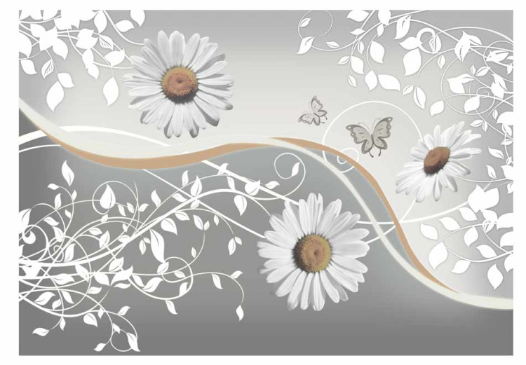 Fototapet Prästkragar - fantasifullt arrangemang av blommor på en bakgrund med växtmönster och fjärilar 60846 additionalImage 1