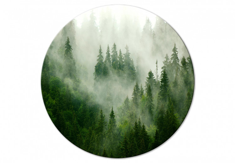 Rund tavla Foggy Forest - Landscape With Trees Among High Mountains 148666