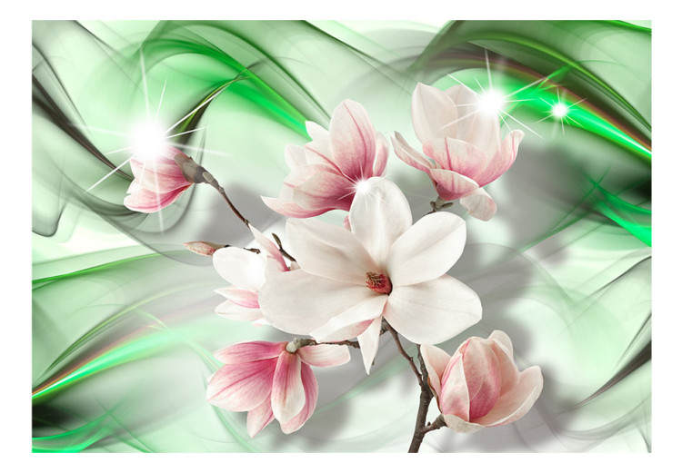 Fototapet Magnolior på grenen - vita blommor på en bakgrund av gröna mönster med glans 62466 additionalImage 1