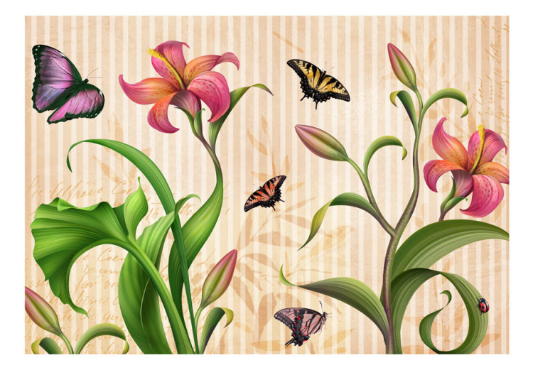 Fototapet Vintage - vår och blommor omgivna av fjärilar i form av en ritning 60676 additionalImage 1